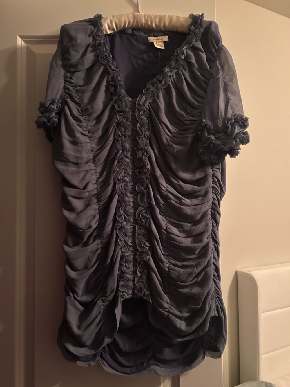 Sundance blue blouse with ruffles and ruching, L